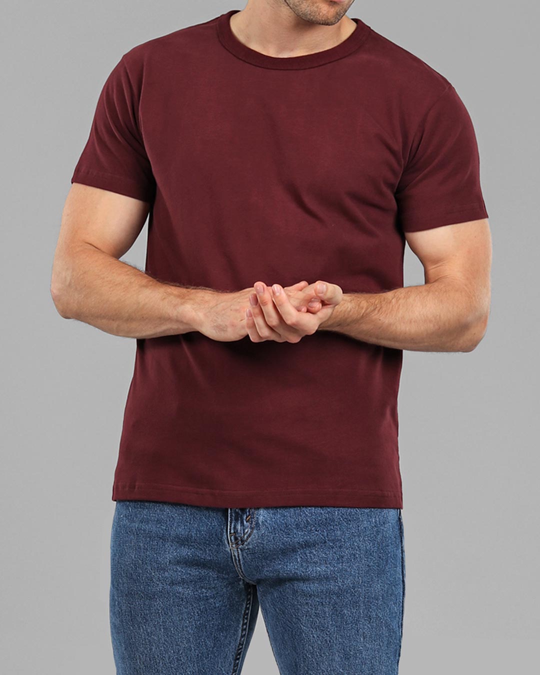 Crew Basic Muscle Fitted Plain T-Shirt Burgundy