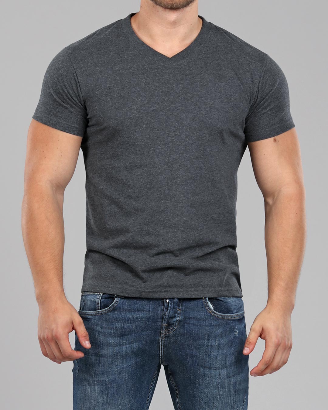 V-Neck Basic Muscle Fitted Plain T-Shirt Dark Grey