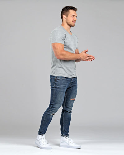 V-Neck Basic Muscle Fitted Plain T-Shirt - Light Grey - Muscle Fit Basics - 2