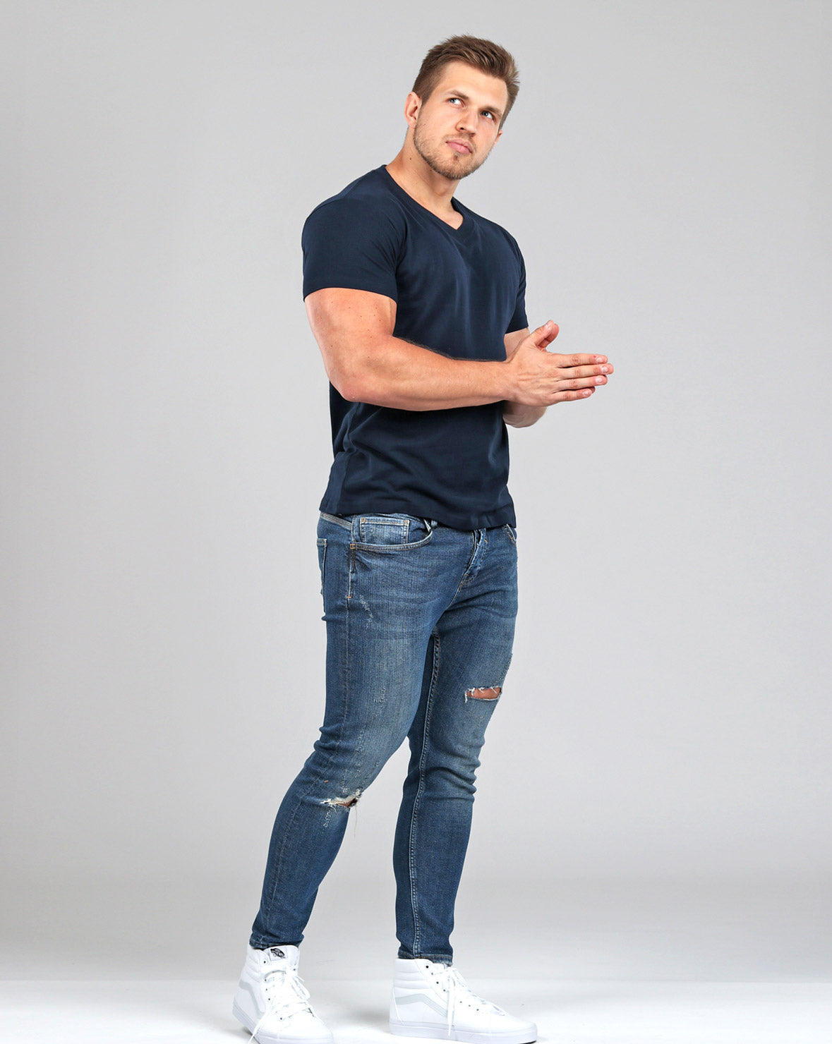 V-Neck Basic Muscle Fitted Plain T-Shirt - Navy