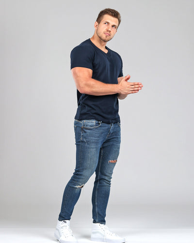 V-Neck Basic Muscle Fitted Plain T-Shirt - Navy