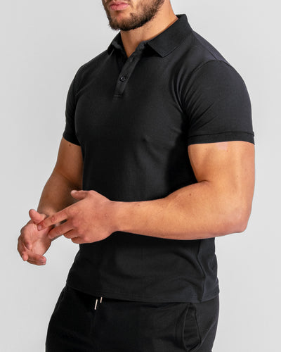 Muscle Fitted Plain Pique Polo T-Shirt — Black