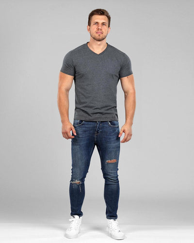 V-Neck Basic Muscle Fitted Plain T-Shirt - Dark Grey