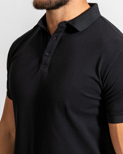 Muscle Fitted Plain Pique Polo T-Shirt — Black