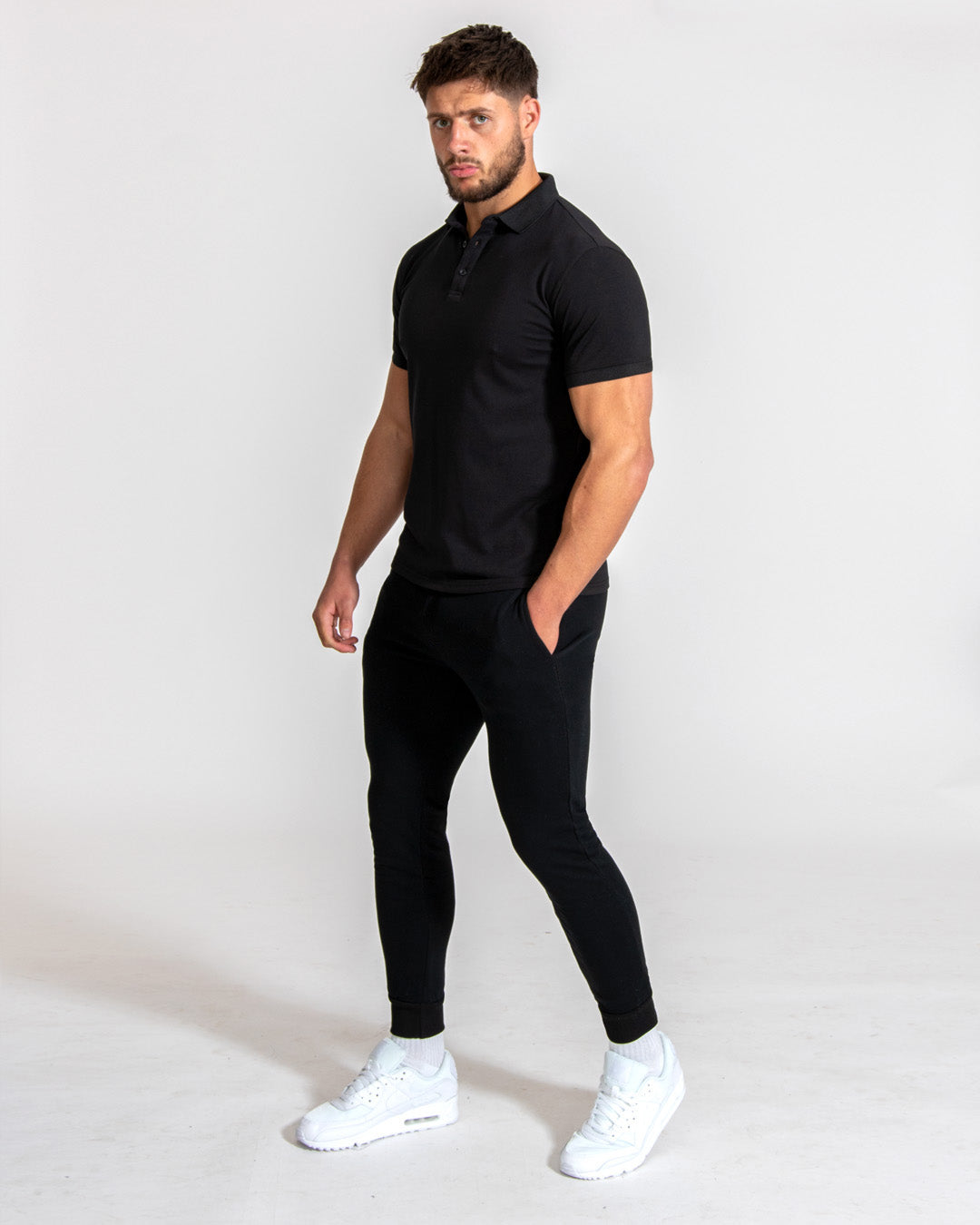 Muscle Fitted Plain Pique Polo T-Shirt — Black