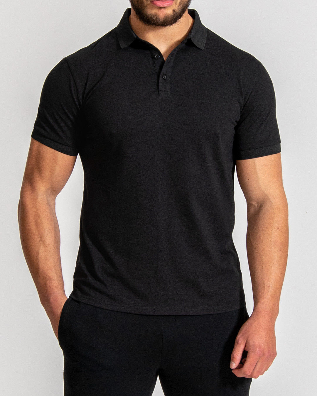 Muscle Fitted Plain Pique Polo T-Shirt — Black