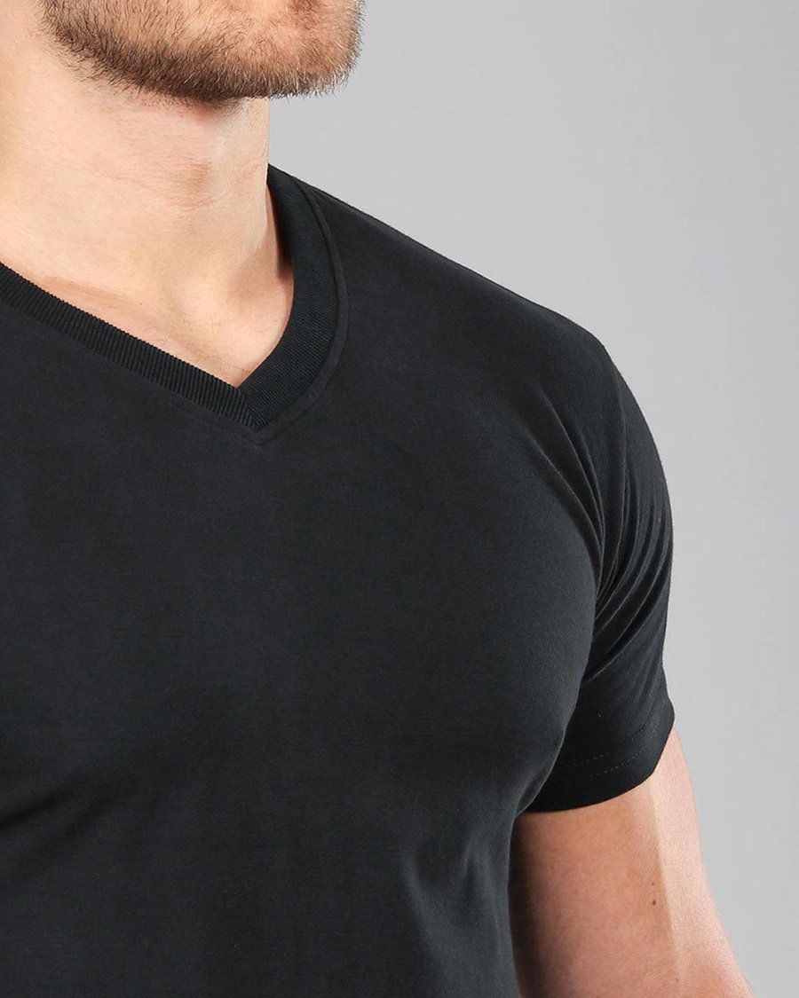 V-Neck Basic Muscle Fitted Plain T-Shirt - Black