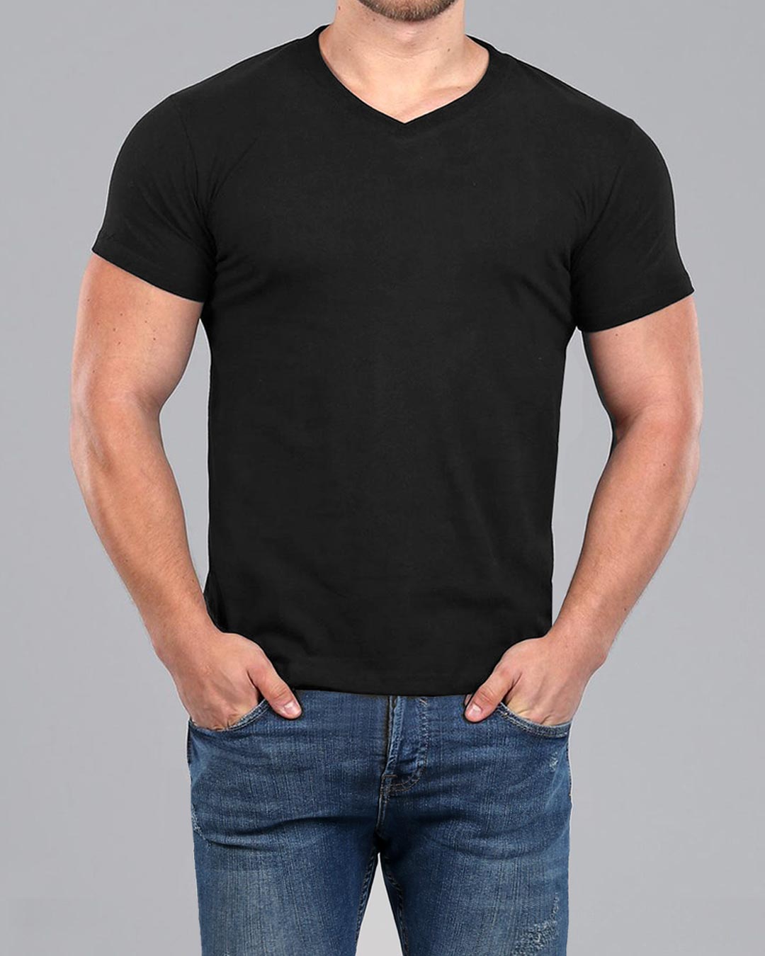 V-Neck Basic Muscle Fitted Plain T-Shirt - Black