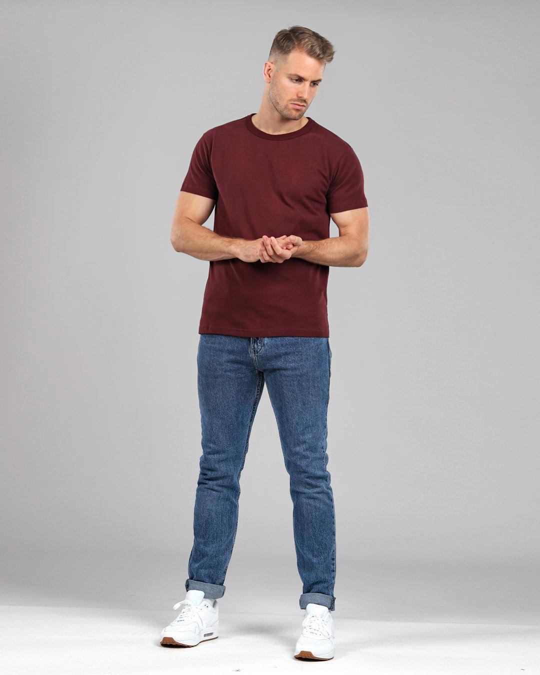 Men's Burgundy Crew Neck Fitted Plain T-Shirt Muscle Fit Basics