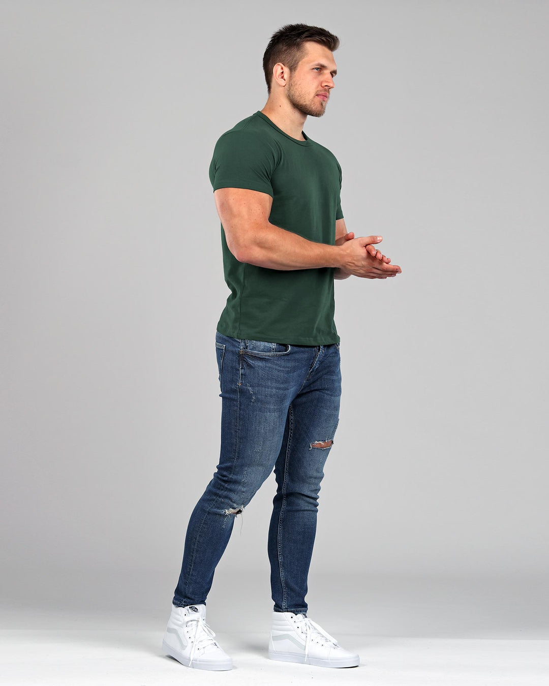 Men's Dark Green Crew Neck Fitted Plain T-Shirt Muscle Fit Basics