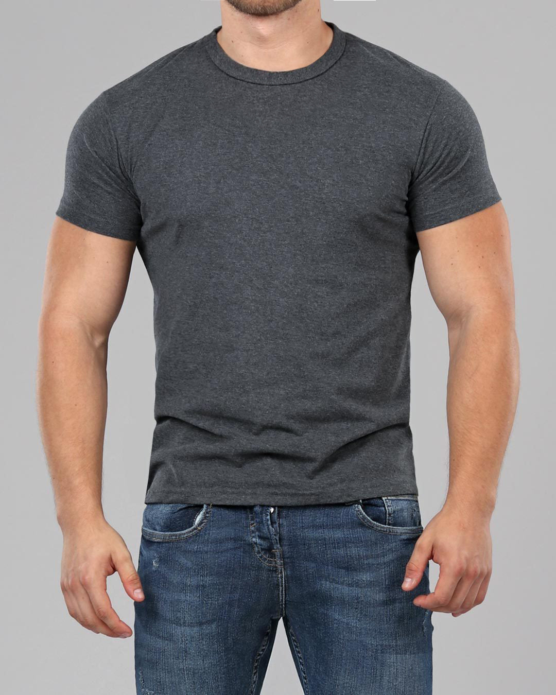 Men's Dark Grey Crew Neck Fitted Plain T-Shirt | Muscle Fit Basics