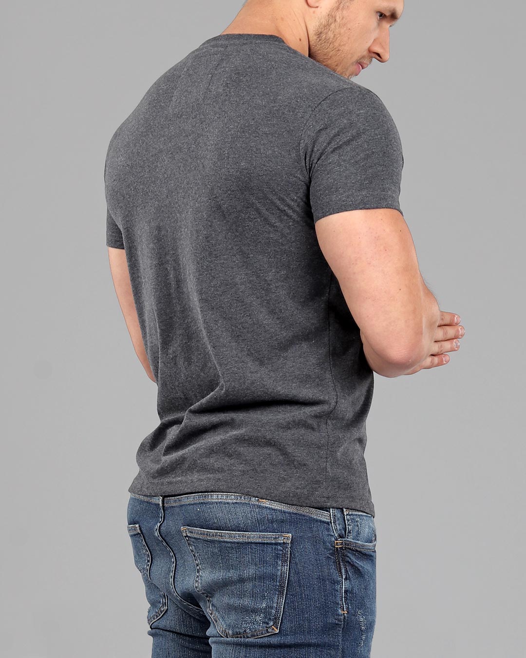 Men's Dark Grey V-Neck Fitted Plain T-Shirt | Muscle Fit Basics
