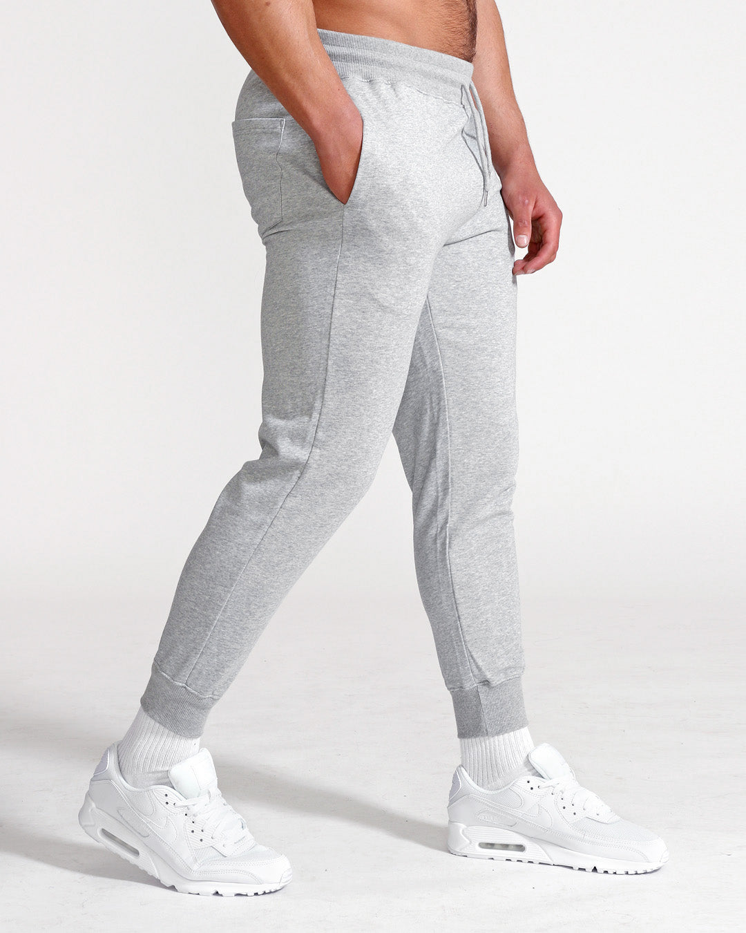 Muscle Fitted Plain French Terry Joggers — Light Grey