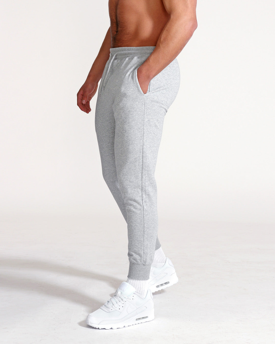 Muscle Fitted Plain French Terry Joggers — Light Grey