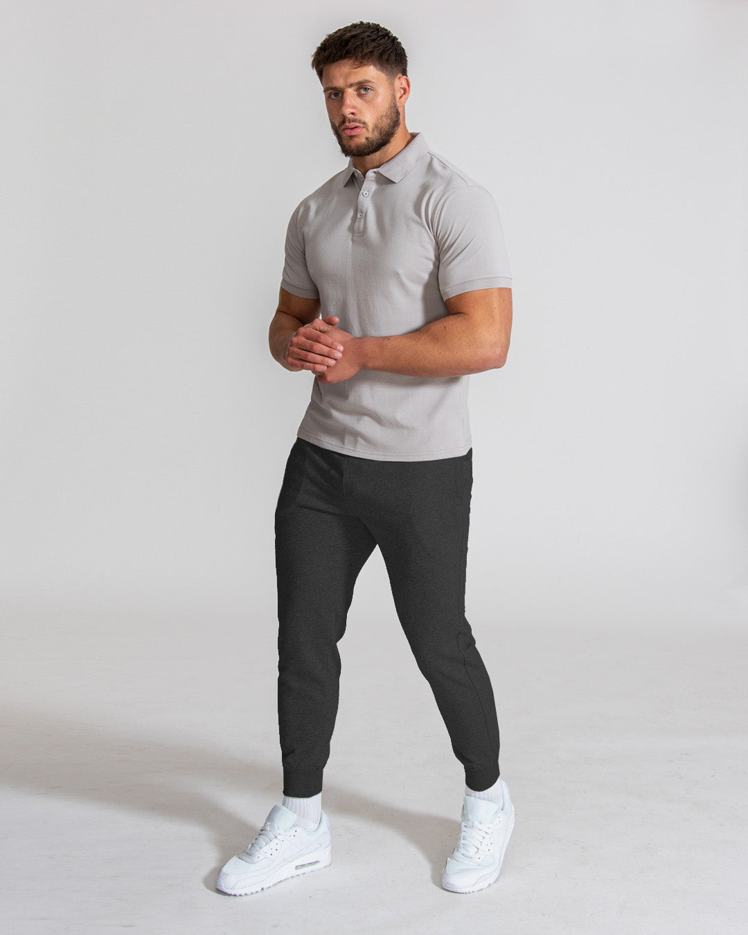 Muscle Fitted Plain Pique Polo T-Shirt — Stone Grey