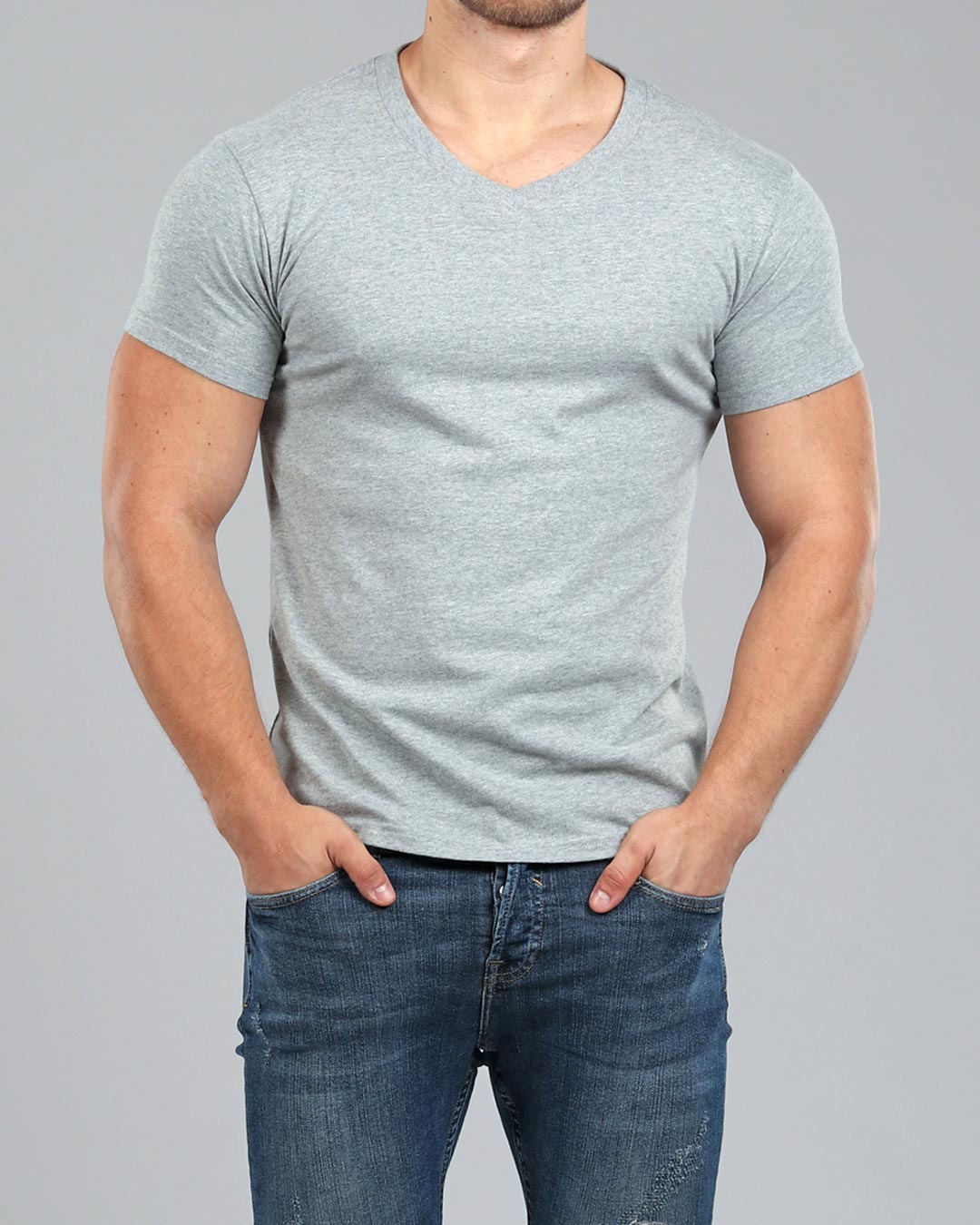 V-Neck Basic Muscle Fitted Plain T-Shirt - Light Grey