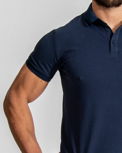 Muscle Fitted Plain Pique Polo T-Shirt — Navy