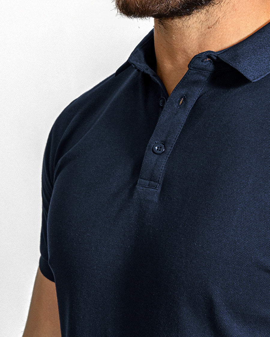 Men's Navy Muscle Fitted Pique Polo T-Shirt