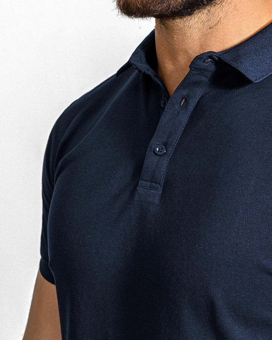 Muscle Fitted Plain Pique Polo T-Shirt — Navy