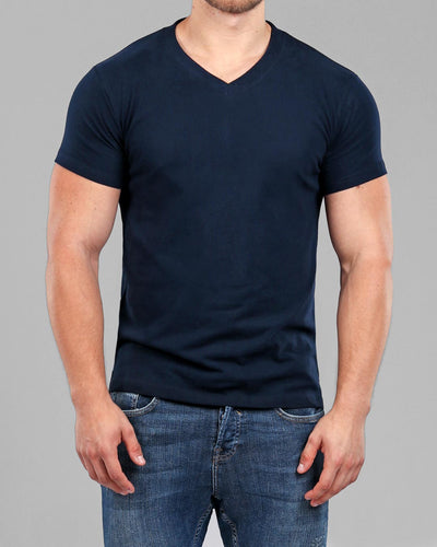 V-Neck Basic Muscle Fitted Plain T-Shirt - Navy