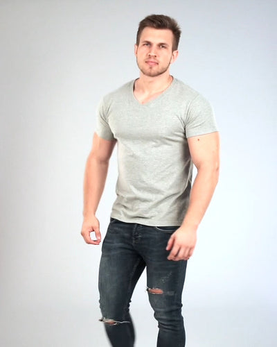 V-Neck Basic Muscle Fitted Plain T-Shirt - Light Grey