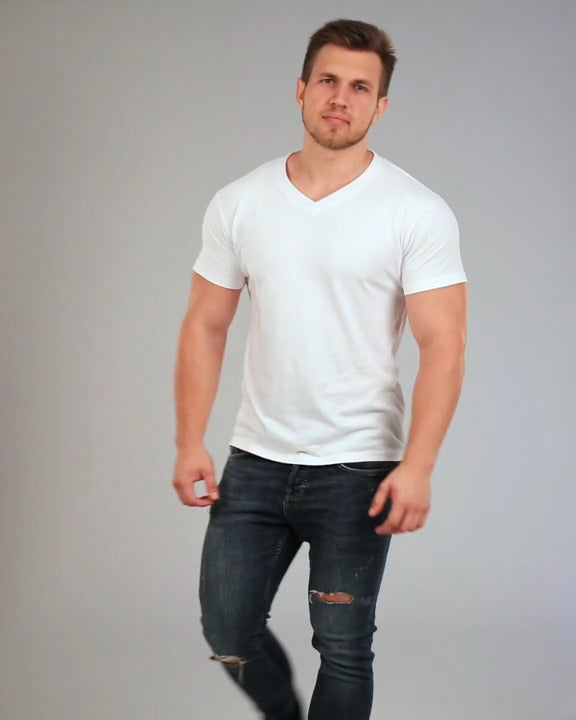 V-Neck Basic Muscle Fitted Plain T-Shirt - White