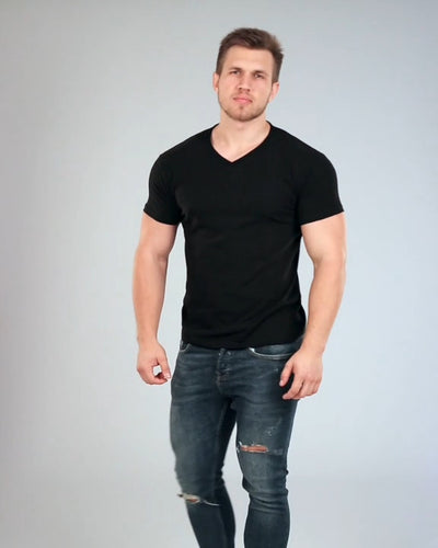 V-Neck Basic Muscle Fitted Plain T-Shirt - Black