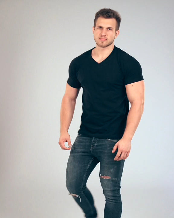 V-Neck Basic Muscle Fitted Plain T-Shirt - Navy