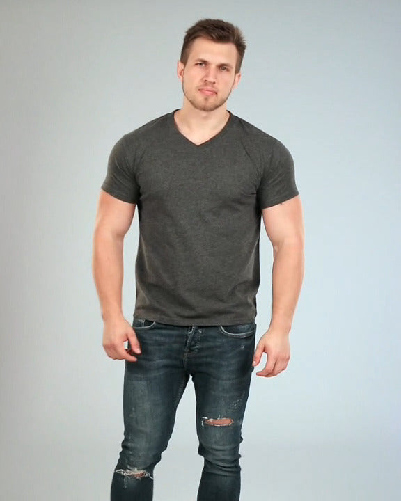 Men's Dark Grey V-Neck Fitted Plain T-Shirt | Muscle Fit Basics
