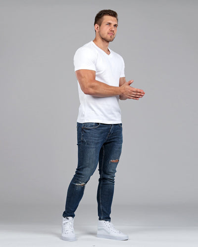 V-Neck Basic Muscle Fitted Plain T-Shirt - White - Muscle Fit Basics 