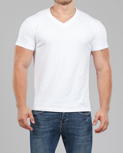 V-Neck Basic Muscle Fitted Plain T-Shirt - White